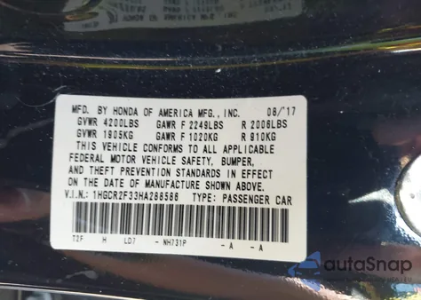 2017 Honda Accord Lx z USA, uszkodzony, nr VIN 1HGCR2F33HA288586